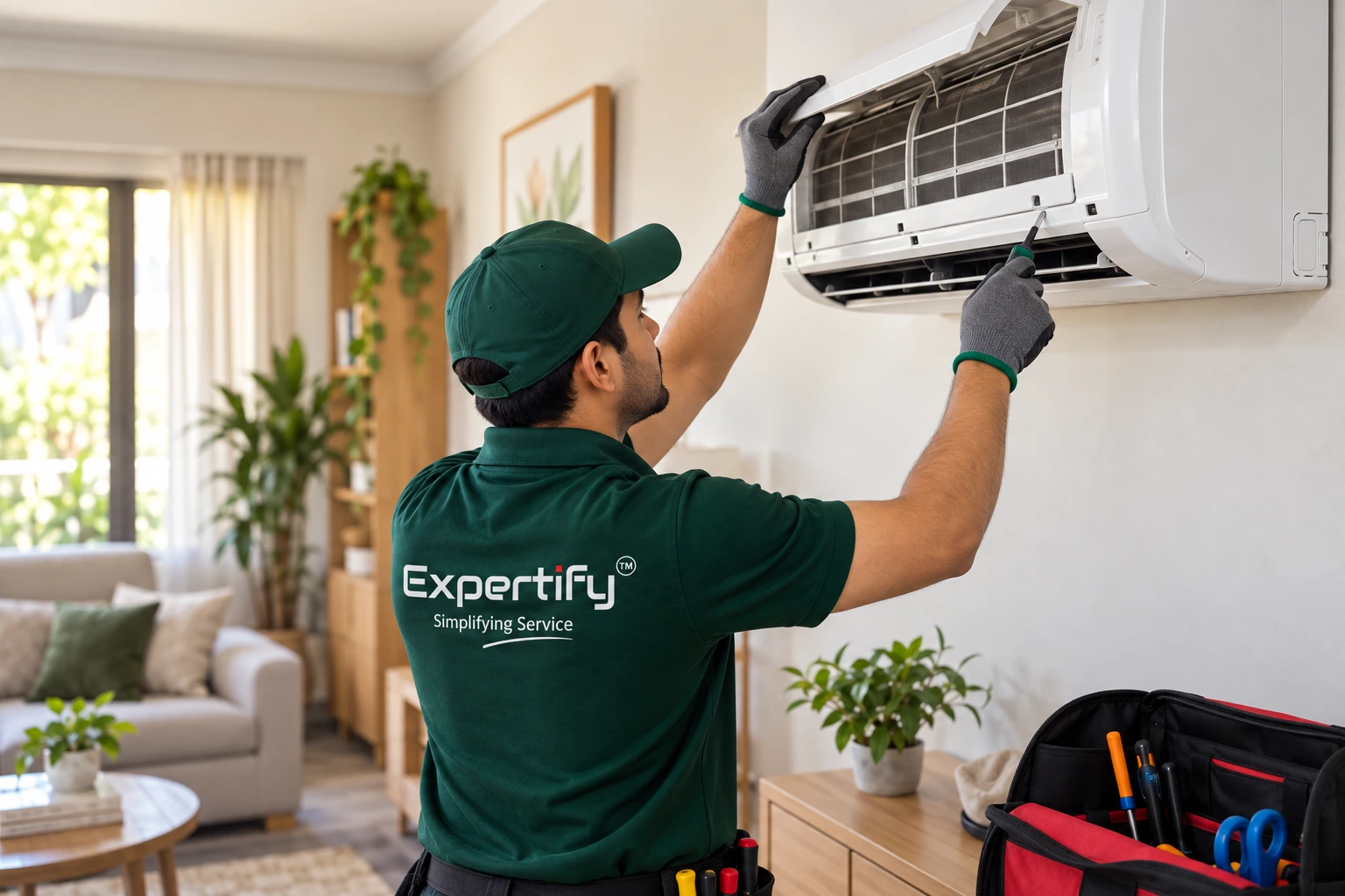 Illustration of a technician servicing a home air conditioner