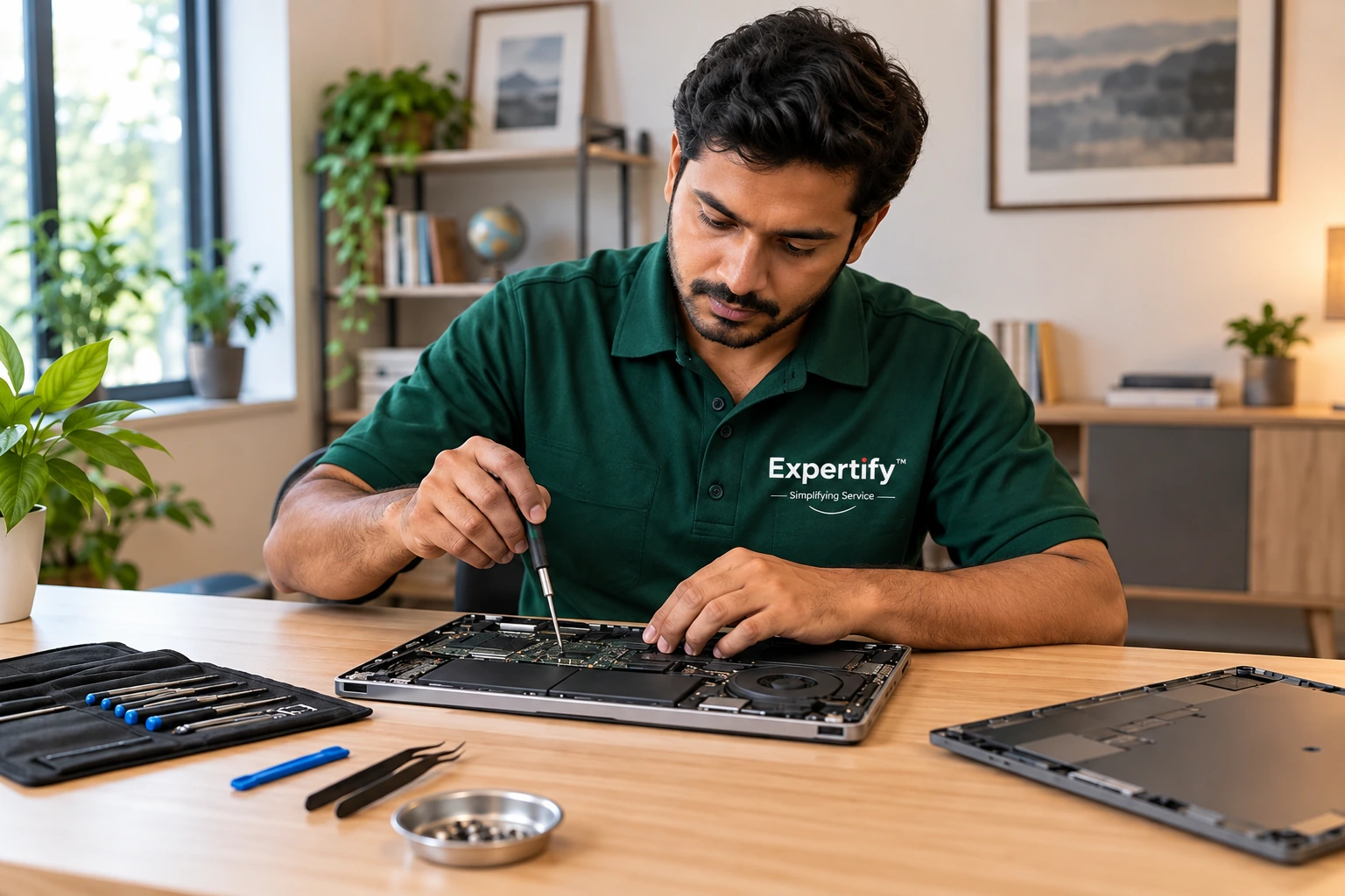 Illustration of a technician carefully repairing a laptop